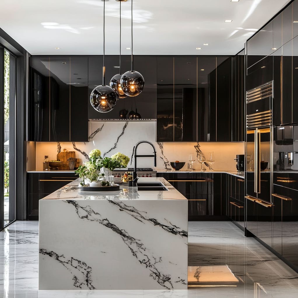 Custom black kitchen with a dramatic marble island